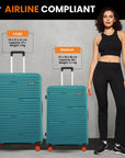 Teal upright hard-shell luggage set with telescopic handles and orange spinner wheels