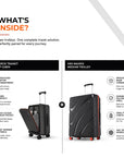 Two black hard-shell trolley suitcases with red wheels and upright laptop cabin pocket