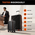 Black hard-shell trolley suitcase with telescopic handle, red wheels, side storage pocket