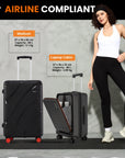 Medium black hard-shell trolley suitcase with red wheels and telescopic handle beside model