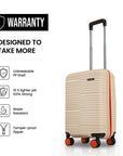 Beige small cabin suitcase with orange-trimmed edges, telescopic handle, and spinner wheels