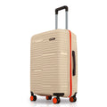 Beige medium check-in suitcase with orange trim, upright handle, 4 spinner wheels.