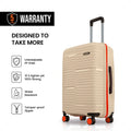 Beige medium check-in suitcase with orange side handle grip and spinner wheels.
