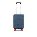Blue cabin suitcase with telescopic handle and orange spinner wheels, side view
