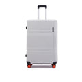 Light gray hard-shell upright suitcase with telescopic handle and red wheel caps