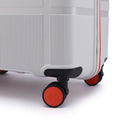 Hard-shell luggage base with red-accent wheels, black wheel housing, and white ridged panel.
