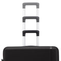 Hard-shell luggage set with three stacked cases, telescopic handles, and dark wheels