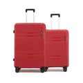 Two-piece hard-shell red luggage set with telescopic handles and caster wheels.