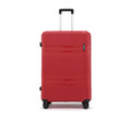 Hard-shell red luggage with telescopic handle and caster wheels, shown from the back view.