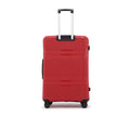 Hard-shell red luggage with telescopic handle, side carry handle, and small caster wheels.