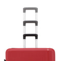 Hard-shell red luggage with two telescopic handles and a black top corner trim.