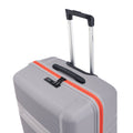Grey hard-shell suitcase with orange zipper stripe and side grab handle, upright on wheels.