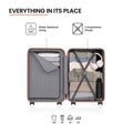 Open grey suitcase showing packing straps, divider pocket, and small toiletry section