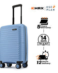 Hard-shell carry-on suitcase, light blue with telescopic handle and spinner wheels