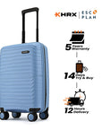 Hard-shell carry-on suitcase, light blue front view with telescopic handle and wheels
