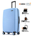 Light blue hardshell check-in suitcase front view with telescopic handle and spinner wheels