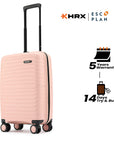 Small cabin suitcase with wheels and black handle, peach hard-shell exterior