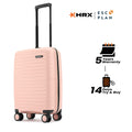 Small cabin suitcase with wheels and black handle, peach hard-shell exterior