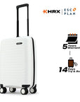 Small cabin suitcase with wheels and black handle, peach hard-shell exterior