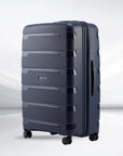 Blue large check-in trolley suitcase, ribbed panels, four spinner wheels