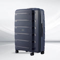 Blue large check-in trolley suitcase, ribbed panels, four spinner wheels
