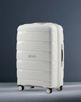Medium check-in trolley suitcase, light grey polypropylene shell with spinner wheels