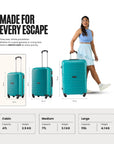 Set of hard-shell trolleys in teal tones, with telescopic handles and 4 wheels