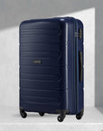 Dark blue polypropylene check-in trolley with 4 wheels, upright front view, side handle