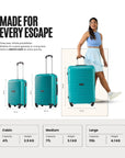 Teal rolling trolley set with 4 wheels each, three sizes shown, upright