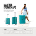 Teal rolling trolley set with 4 wheels each, three sizes shown, upright