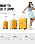Yellow rolling trolley set with 4 wheels each, three sizes shown, upright