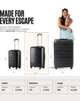 Set of three black 4-wheel polypropylene suitcases shown in front and side views