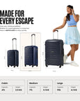 Set of three navy 4-wheel polypropylene suitcases shown in front and side views