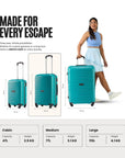 Set of three teal 4-wheel polypropylene suitcases shown in front and side views