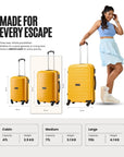 Set of three yellow 4-wheel polypropylene suitcases shown in front and side views