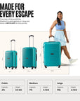 Teal 4-wheel trolley set of 3 polypropylene suitcases: cabin, medium, large