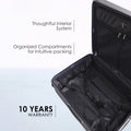 Hard-shell suitcase open interior with organized compartments and fabric packing straps