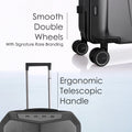 Hard-shell trolley suitcase with double spinner wheels and ergonomic telescopic handle