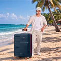 Blue small cabin suitcase with 8 spinner wheels and telescopic handle