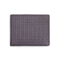 Brown leather bi-fold wallet with embossed logo pattern on front