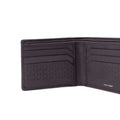 Brown leather bi-fold wallet open, showing card slots and embossed logo