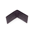 Dark leather bi-fold wallet open, interior card-slot emboss