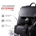 Carbon-fiber texture black backpack exterior with water-repellent coated top flap.