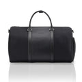 Black duffle bag with two top handles, central panel, and side zip pockets
