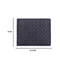 Dark bi-fold leather wallet front with repeating R monogram pattern and top stitching.