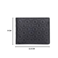 Bi-fold leather wallet in dark color with repeating R monogram pattern, stitched edges.