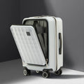 Off-white polycarbonate cabin trolley with quilted front panel and four spinner wheels