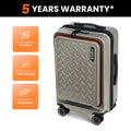 Transit trolley with laptop compartment, silver hard-shell trolley suitcase with orange border and four wheels