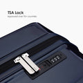 Dark blue polycarbonate suitcase with TSA lock panel and combination dial on top