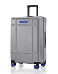 Large check-in trolley, silver polycarbonate shell with blue trim, top-front view